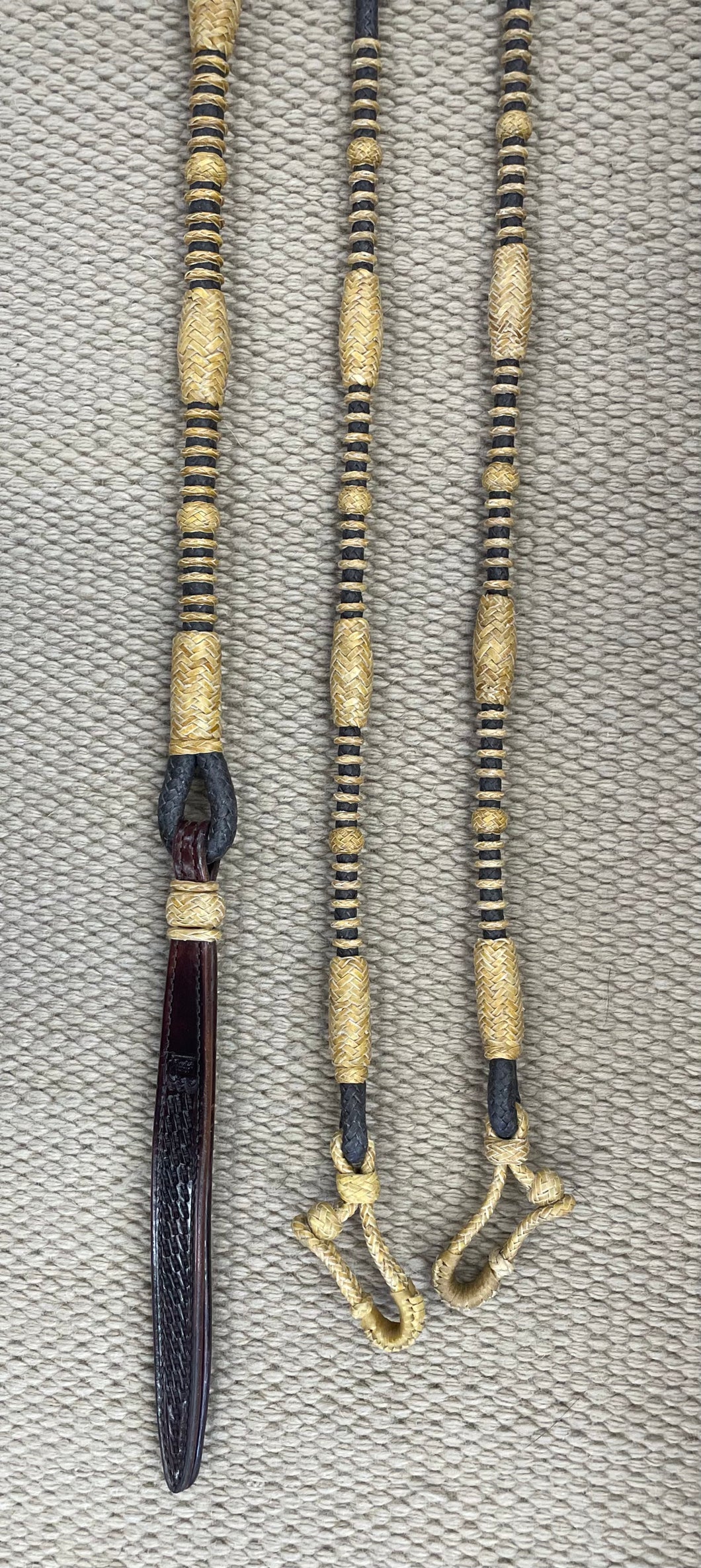 Romal Reins - RR03 - 12 Plait Dark Latigo w/ Rawhide Knots and Connectors 98