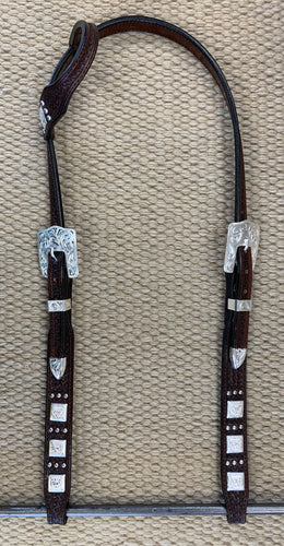 Headstall - HS137 - Basket Brown Single Ear w/ Three Dots Pattern and Square Conchos