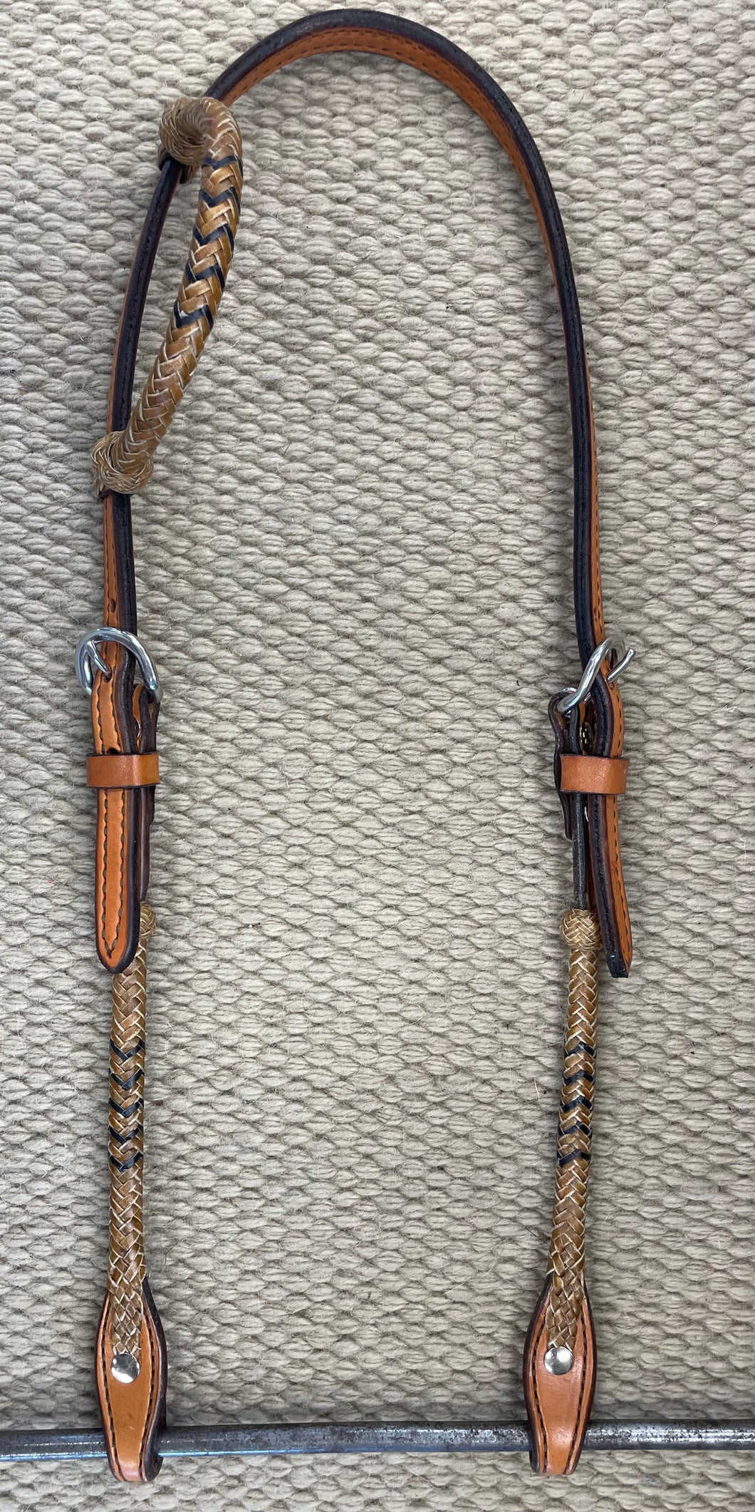 Headstall - HS13 - Light Brown Single Ear w/ Natural Rawhide Black Accents