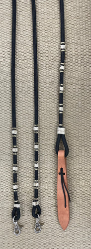 Romal Reins - RR104 - 16 Plait Nylon Black and Tan w/ Snaps and Harness Popper 98