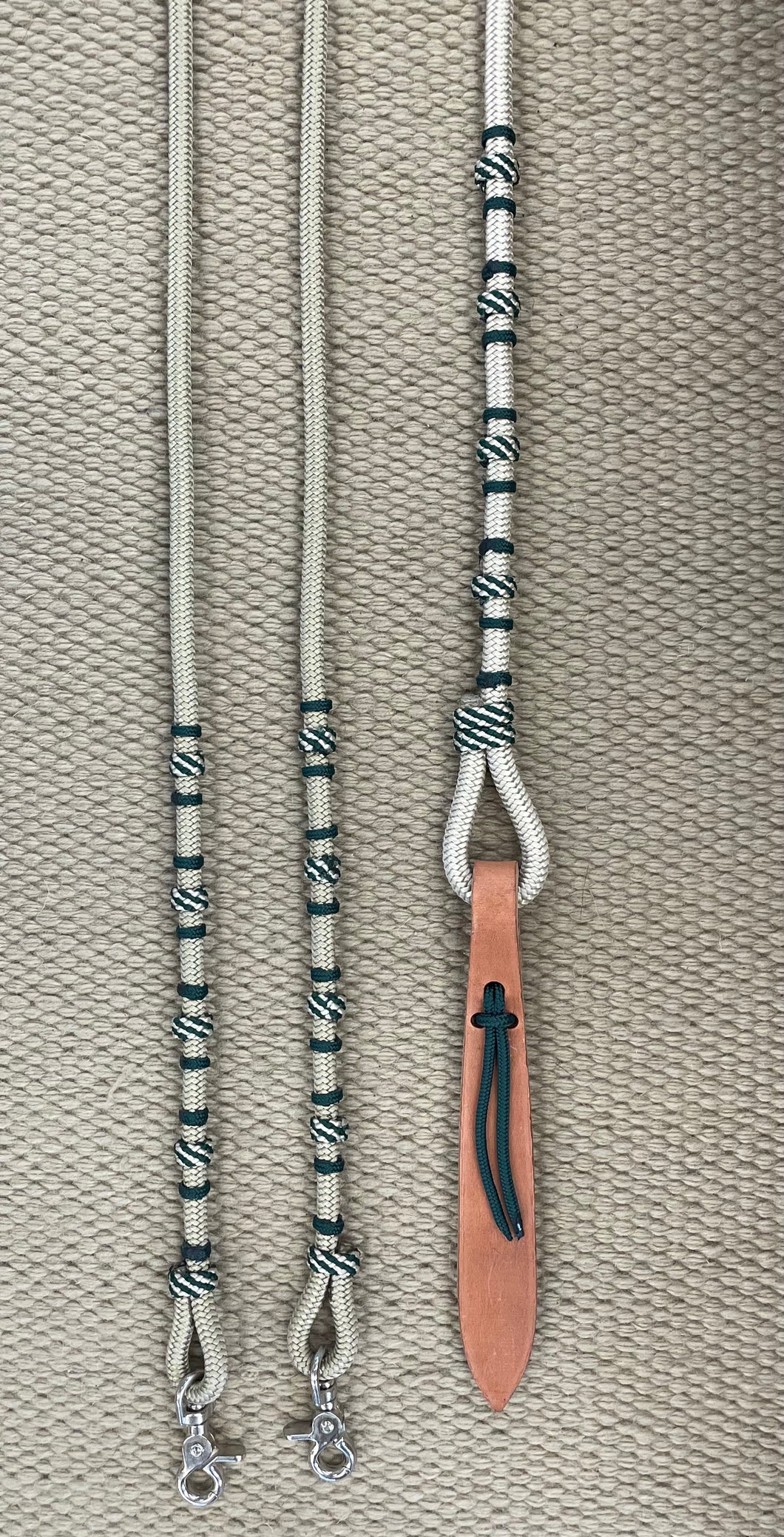 Romal Reins - RR107 - 16 Plait Nylon Hunter and Tan w/ Snaps and Harness Popper 96