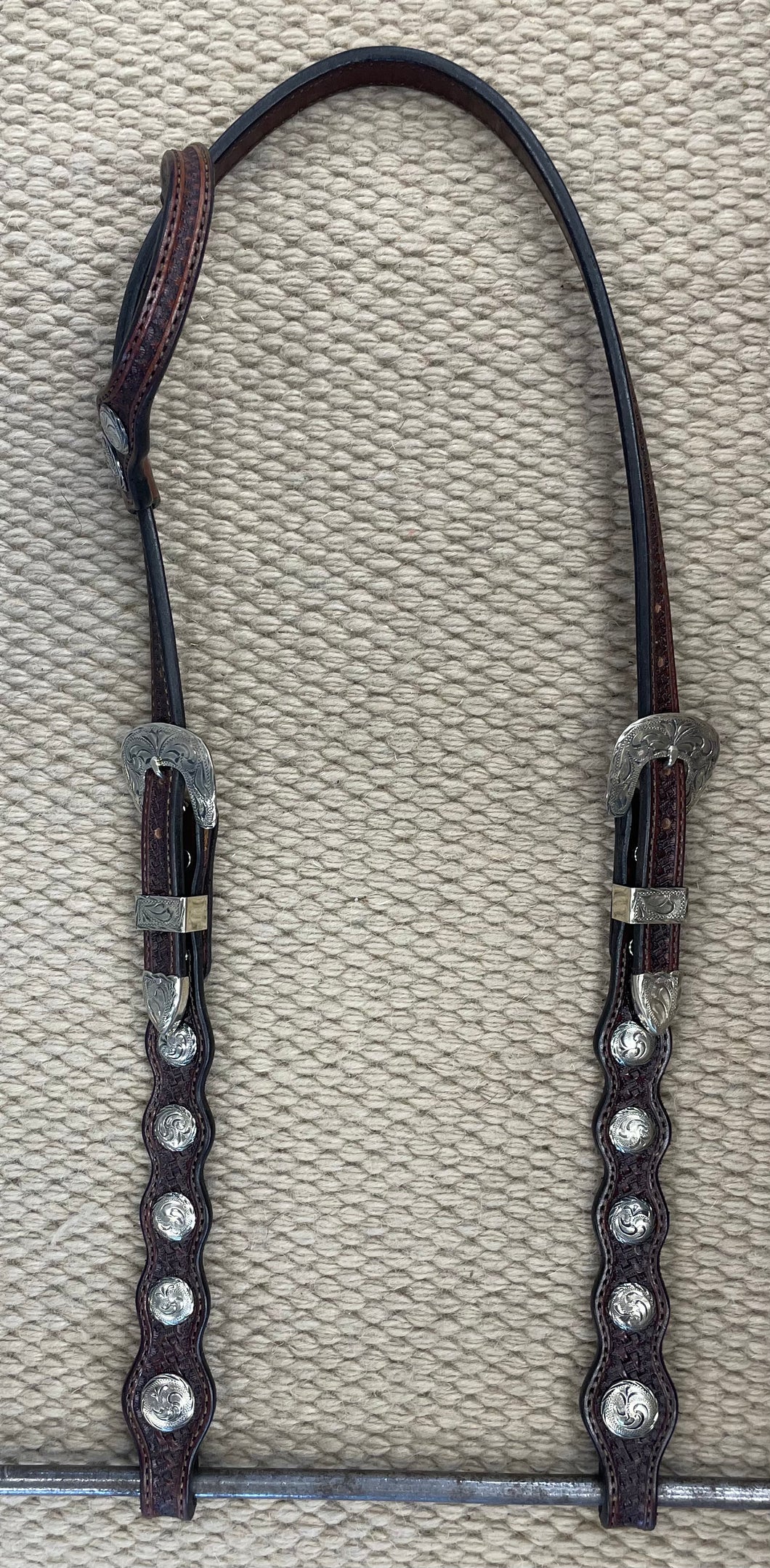 Headstall - HS295 - Basket Brown Sliding Ear w/ 5 Scallop Cheeks and Silver Plate