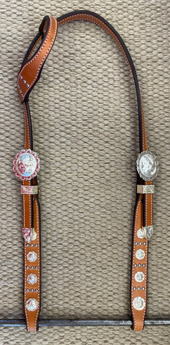 Headstall - HS276 - Plain No Oil Single Ear w/ Three Spots and Silver Plated Conchos