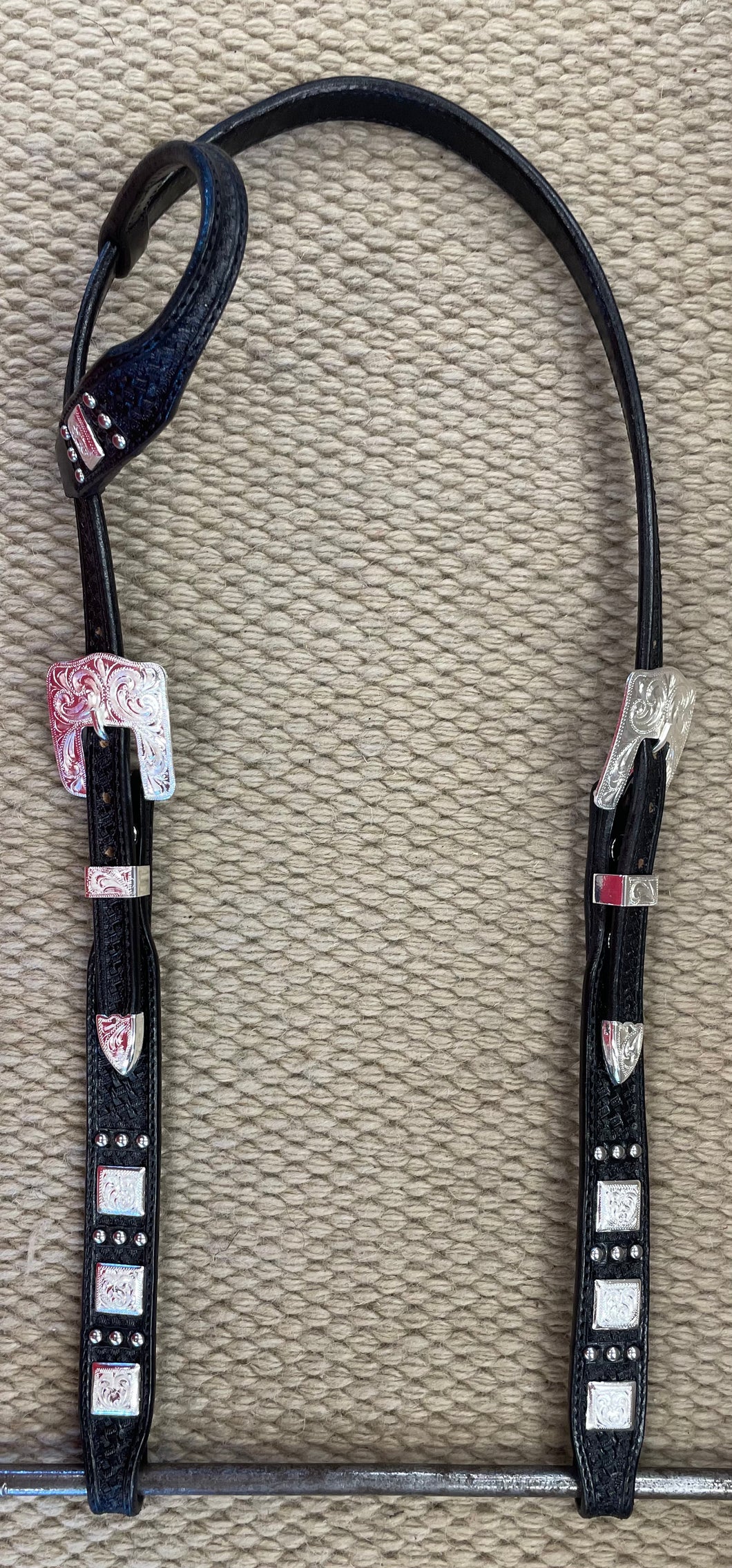 Headstall - HS272 - Basket Black Single Ear w/ Spots and Square Conchos