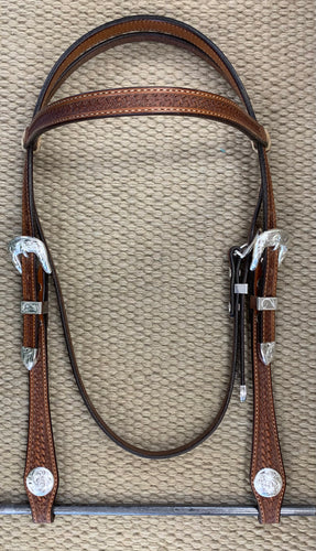 Headstall - HS131 - Basket Antiqued w/ Rawhide Loops and Silver Plated Trim