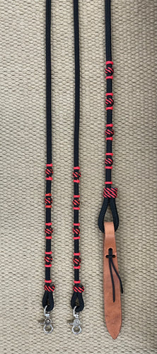 Romal Reins - RR105 - 16 Plait Nylon Black and Red w/ Snaps and Harness Popper 98