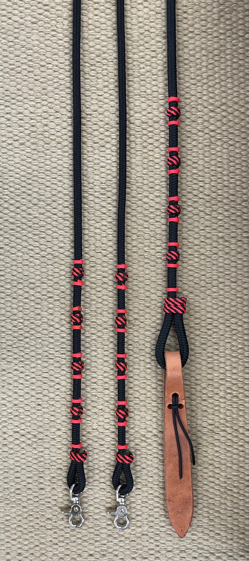 Romal Reins - RR105 - 16 Plait Nylon Black and Red w/ Snaps and Harness Popper 98