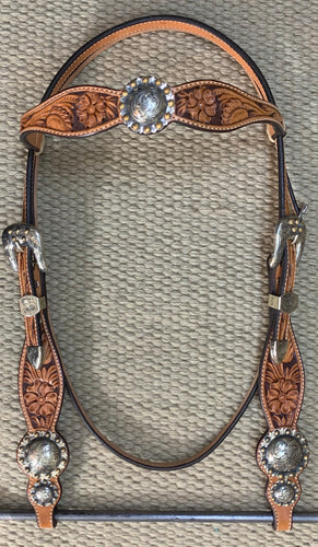 Headstall - HS119 - Floral No Oil w/ Rawhide Loops and Brass Berry Concho Set