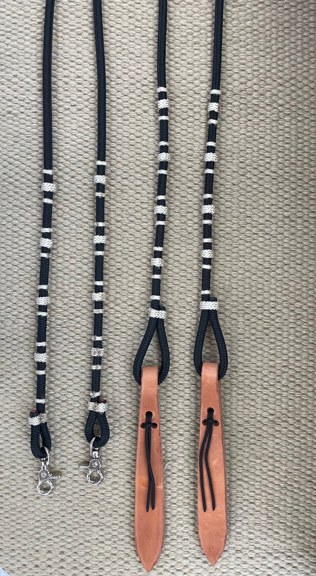 Split Reins - SR97 - Deluxe Black w/ Tan Buttons and Harness Popper 8'