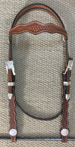 Headstall - HS107 - Basket Antiqued w/ Rawhide Loops and Silver Plated Trim