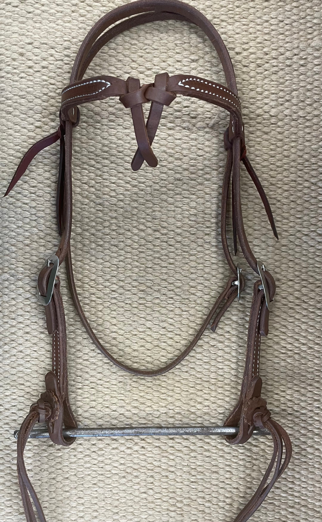 Headstall - HS227 - Knotted Browband w/ Stainless Steel Buckles and Rattlesnake Ties Heavy Oiled