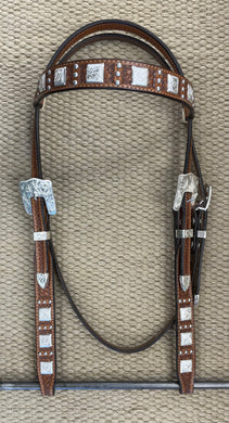 Headstall - HS36 - Basket Antique w/ Three Spots Pattern and Square Conchos