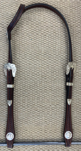 Headstall - HS94 - 5/8 Basket Brown Single Ear w/ Silver Plate