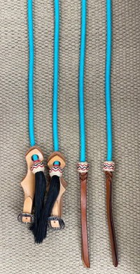 Split Reins - SR56 - 8' Rope w/ Rawhide Buttons and Slobber Straps Turquoise