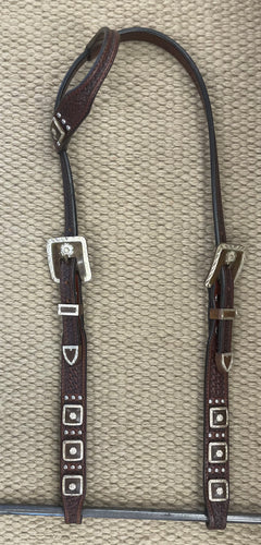 Headstall - HS248 - Basket Brown Single Ear w/ Spots and Square Conchos