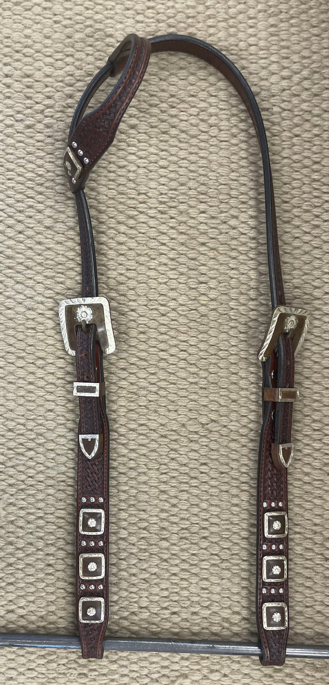 Headstall - HS248 - Basket Brown Single Ear w/ Spots and Square Conchos