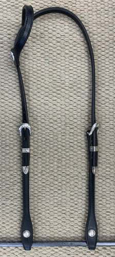 Headstall - HS45 - Plain Black Single Ear w/ Sterling Overlay