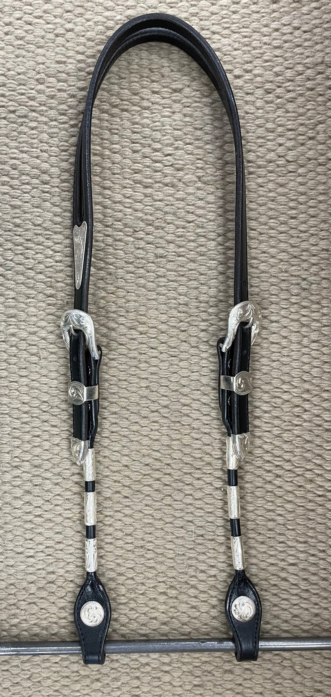 Headstall - HS267 - Black English Bridle w/ Silver Overlay Ferrules, BLT's, and Conchos