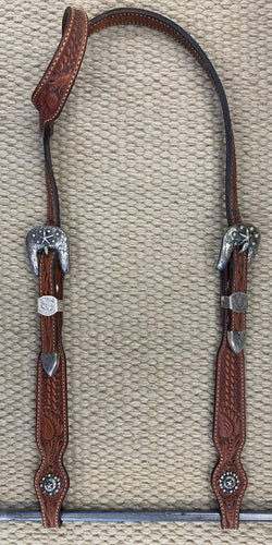 Headstall - HS157 - **USED** Basket Brown Floral w/ Sterling Overlay Buckles