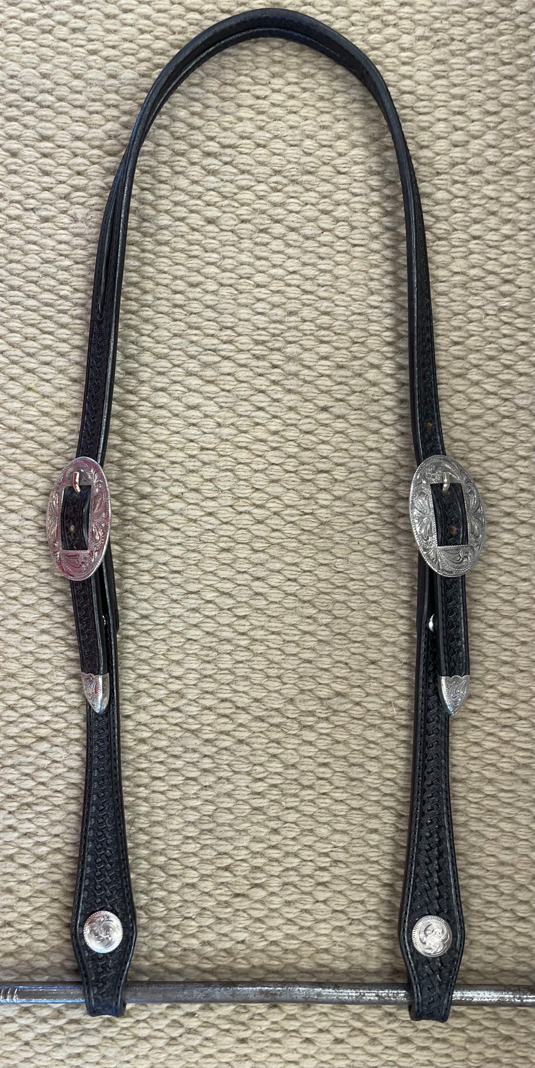 Headstall - HS77 - Basket Black Split Ear w/ Silver Overlay