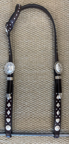 Headstall - HS174 - Plain Dark Brown Single Ear w/ Card Suits and Sterling Overlay