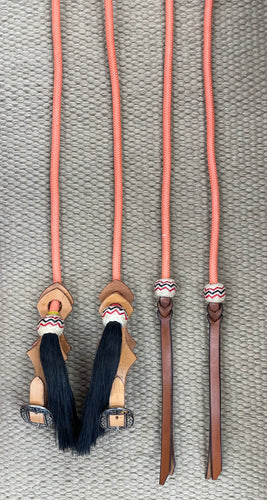 Split Reins - SR57 - 8' Rope w/ Rawhide Buttons and Slobber Straps Orange
