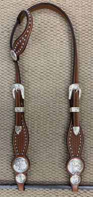 Headstall - HS02 - Light Brown Basket Single Ear w/ Spots and Silver Plate