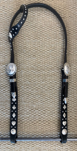 Headstall - HS171 - Plain Black Single Ear w/ Card Suits and Sterling Overlay