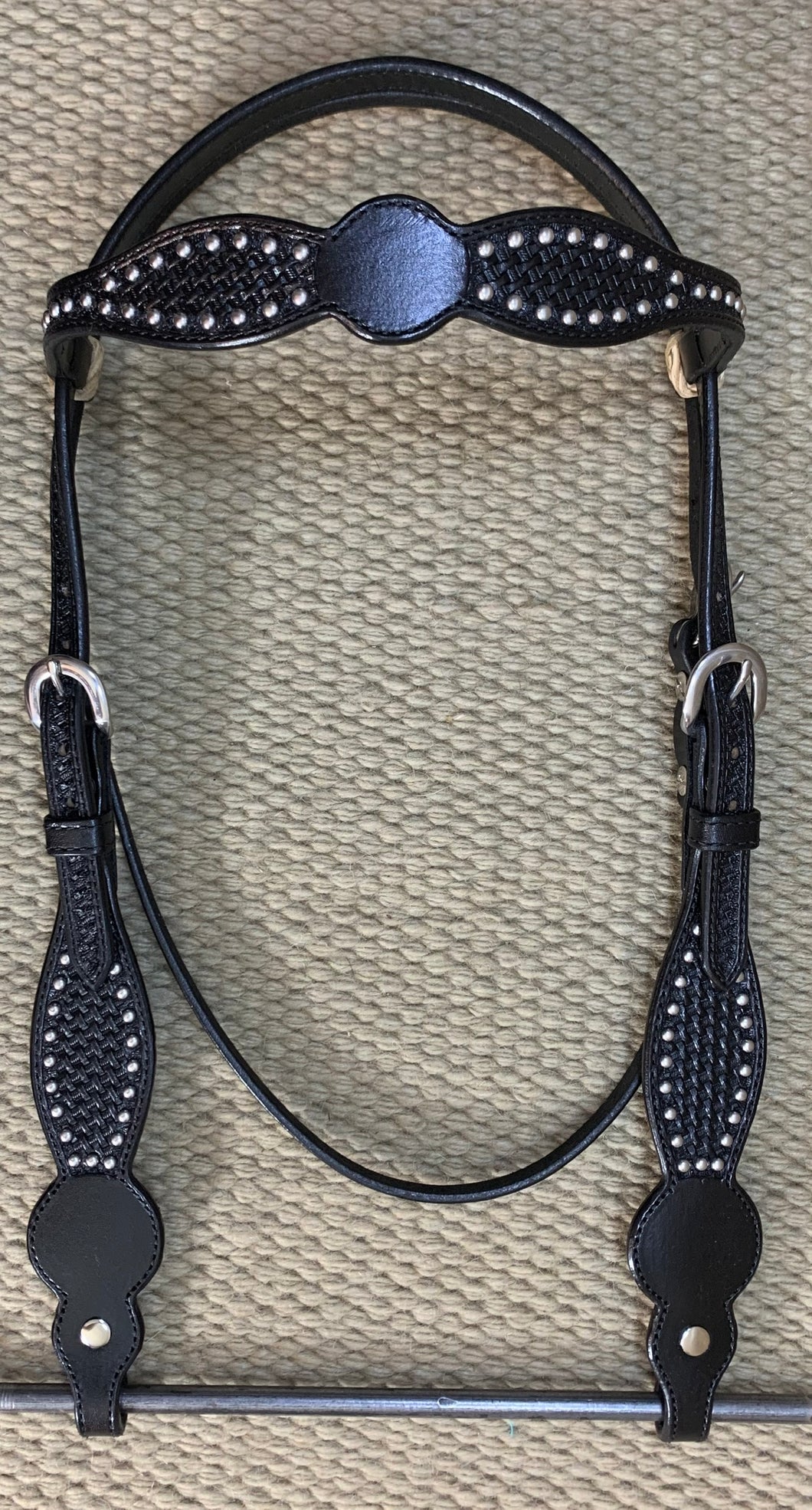 Headstall - HS123 - Basket Black w/ Spots and Rawhide Loops