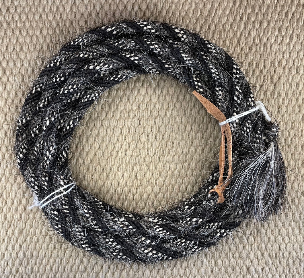 Mecate - MEC125 - 3/8” x 22' 6-Strand Mane Hair Black, Grey, and White