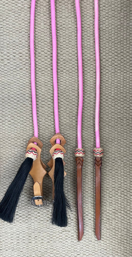 Split Reins - SR55 - 8' Rope w/ Rawhide Buttons and Slobber Straps Pink