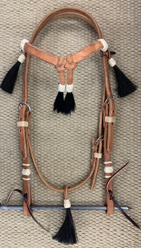 Headstall - HS164 - Harness Futurity Brow w/ Five Black Tassels and Rawhide Knots