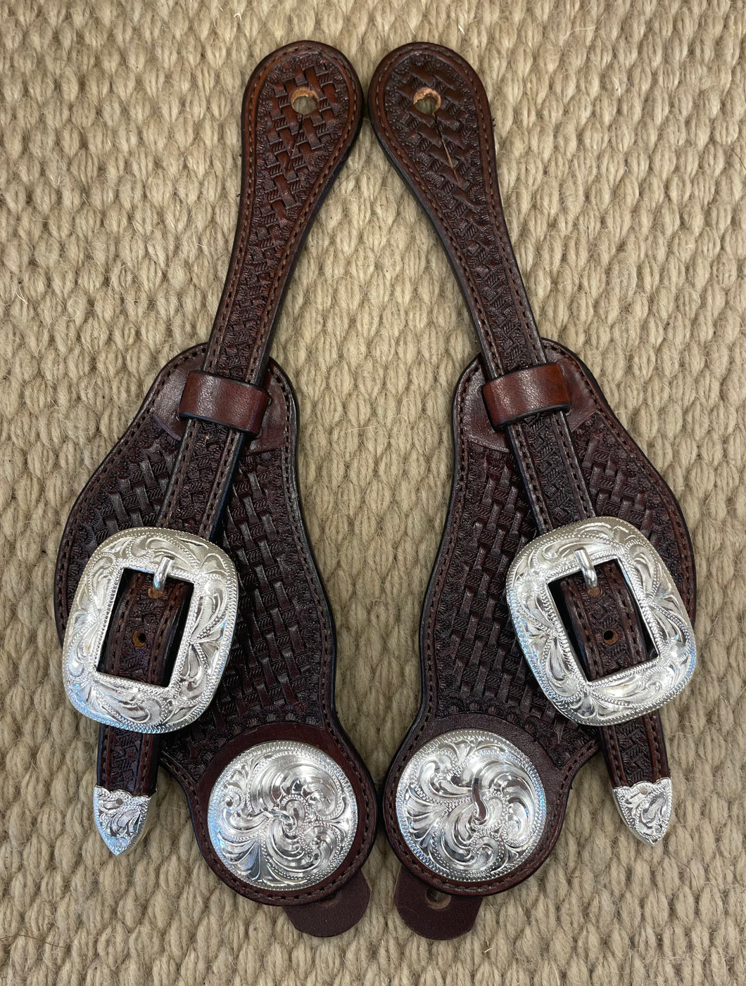 Spur Straps - SPS44 - Ladies Basket Brown Buckaroo's w/ Silver Plated BLT's