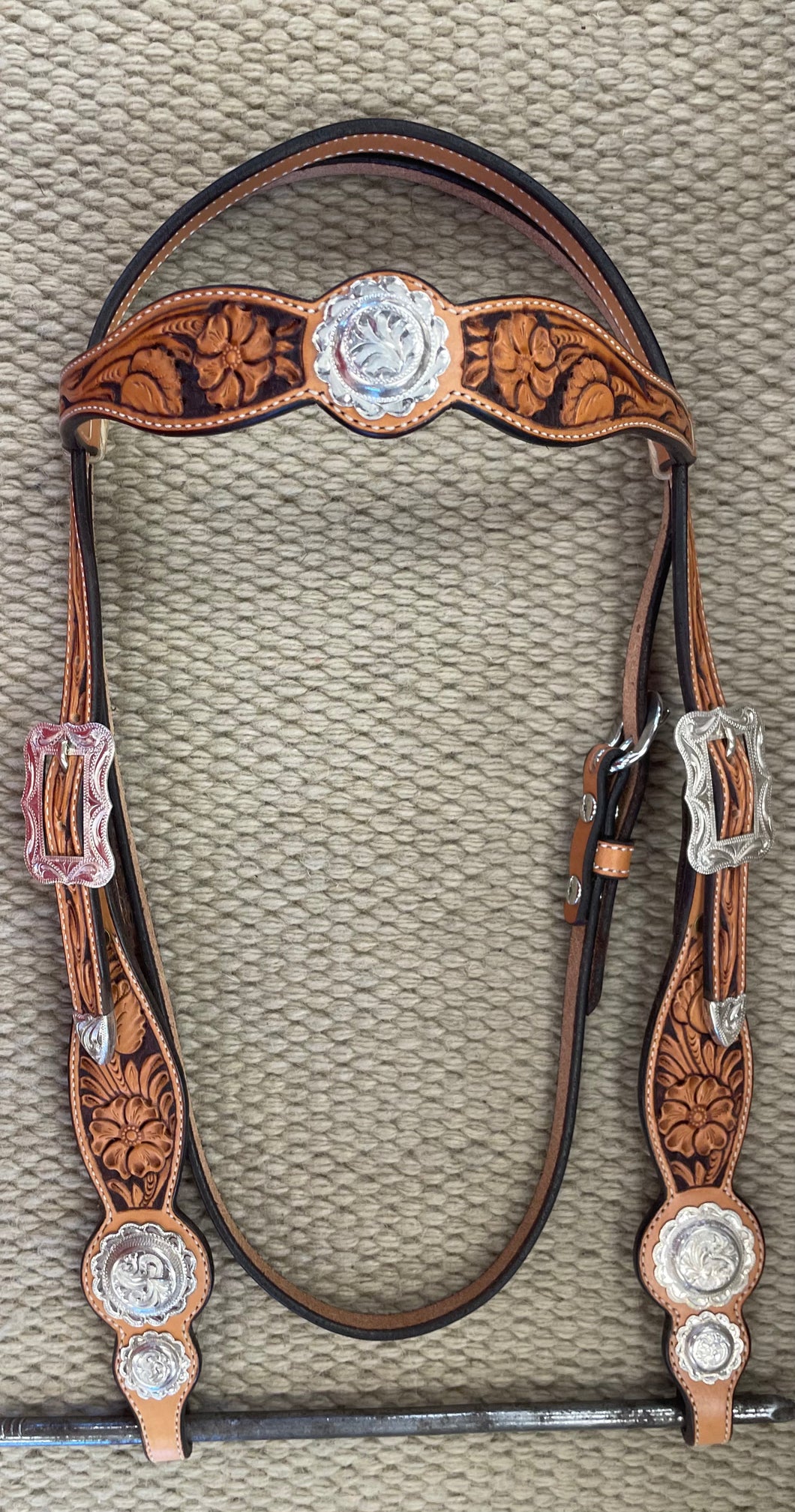 Headstall - HS279 - Floral Antiqued Browband w/ Silver Plate