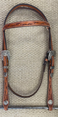 Headstall - HS278 - Floral Antiqued Browband w/ Acorn Buckles and Conchos