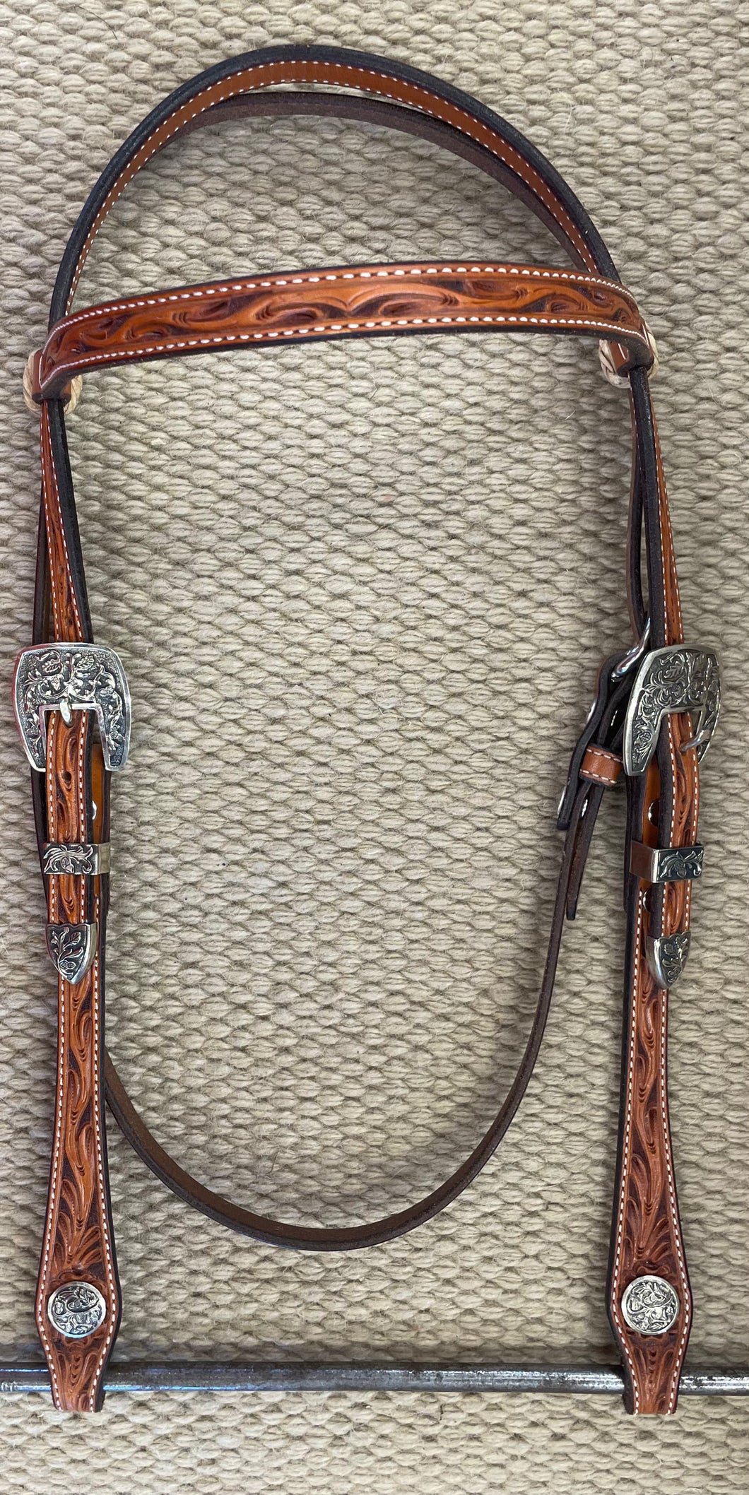 Headstall - HS278 - Floral Antiqued Browband w/ Acorn Buckles and Conchos