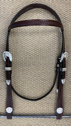 Headstall - HS130 - Basket Brown w/ Rawhide Loops and Silver Plated Trim