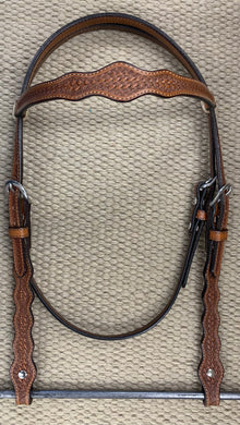 Headstall - HS99 - Browband Basket Antiqued w/ 5 Scallop Cheeks and Rawhide Loops