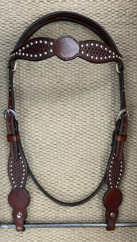 Headstall - HS266 - Basket Brown Shaped Browband w/ Spots