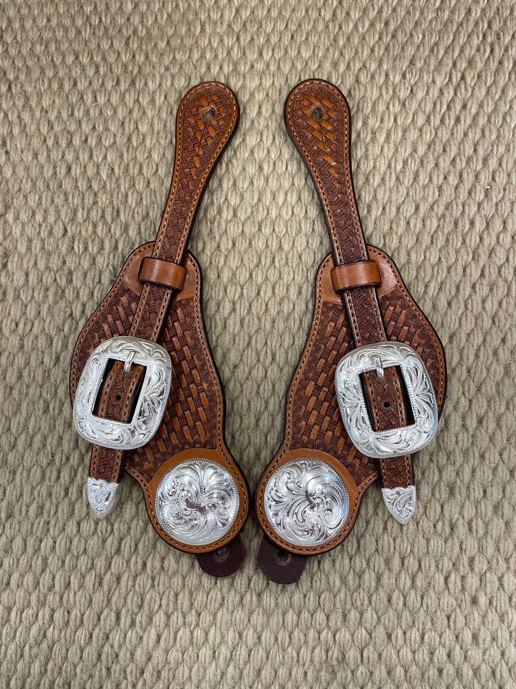 Spur Straps - SPS45 - Ladies Basket Antiqued Buckaroo's w/ Silver Plated BLT's
