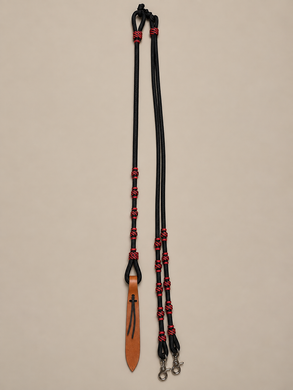 Romal Reins - RR105 - 16 Plait Nylon Black and Red with Snaps and Harness Popper 98