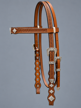 Headstall - HS04 - Basket Antiqued with Rawhide Loops and Silver Plated Trim