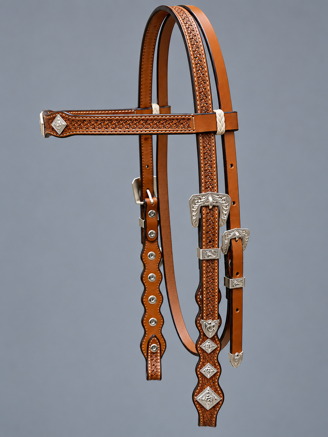 Headstall - HS04 - Basket Antiqued with Rawhide Loops and Silver Plated Trim