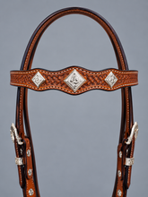 Headstall - HS04 - Basket Antiqued with Rawhide Loops and Silver Plated Trim