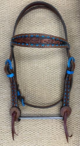 Headstall - HS06 - Floral Brown and Black w/ Blue Buckstitch
