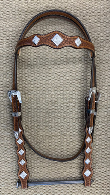 Headstall - HS04 - Basket Antiqued w/ Rawhide Loops and Silver Plated Trim