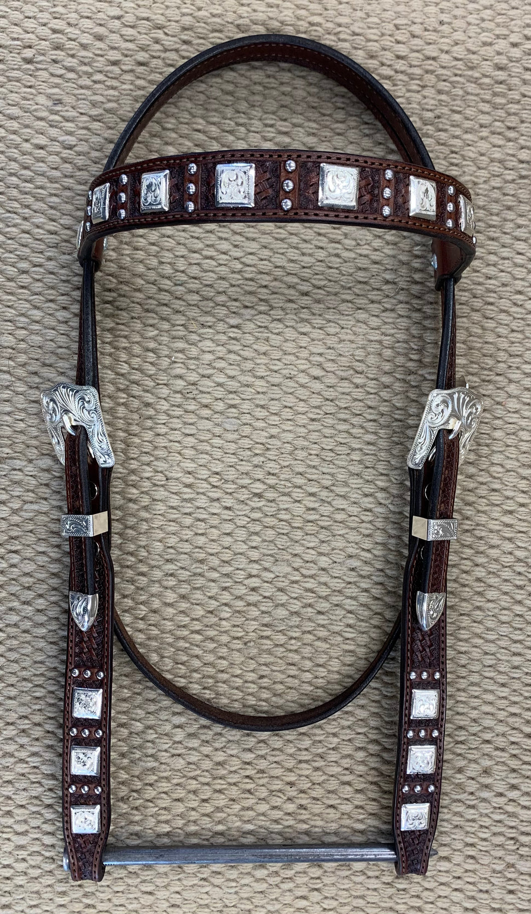 Headstall - HS35 - Basket Brown w/ Three Spots Pattern and Square Conchos
