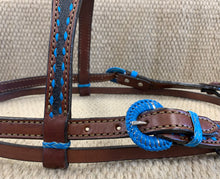 Headstall - HS06 - Floral Brown and Black w/ Blue Buckstitch